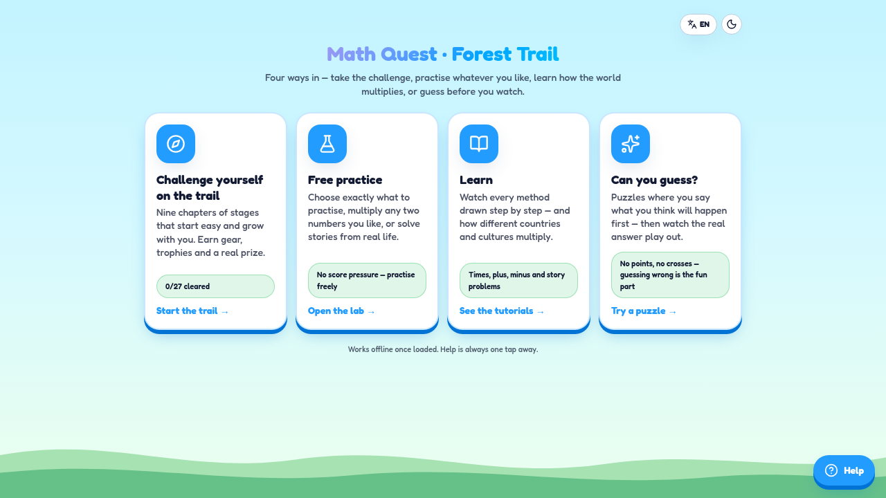 Math Mania’s live Math Quest home screen with trail challenges, free practice, tutorials, and guessing puzzles.