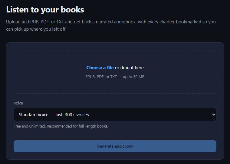 The audiobook maker: a drop zone for an EPUB, PDF or TXT file up to 50 MB, a voice picker set to the standard voice with over 300 voices, and a Generate audiobook button.