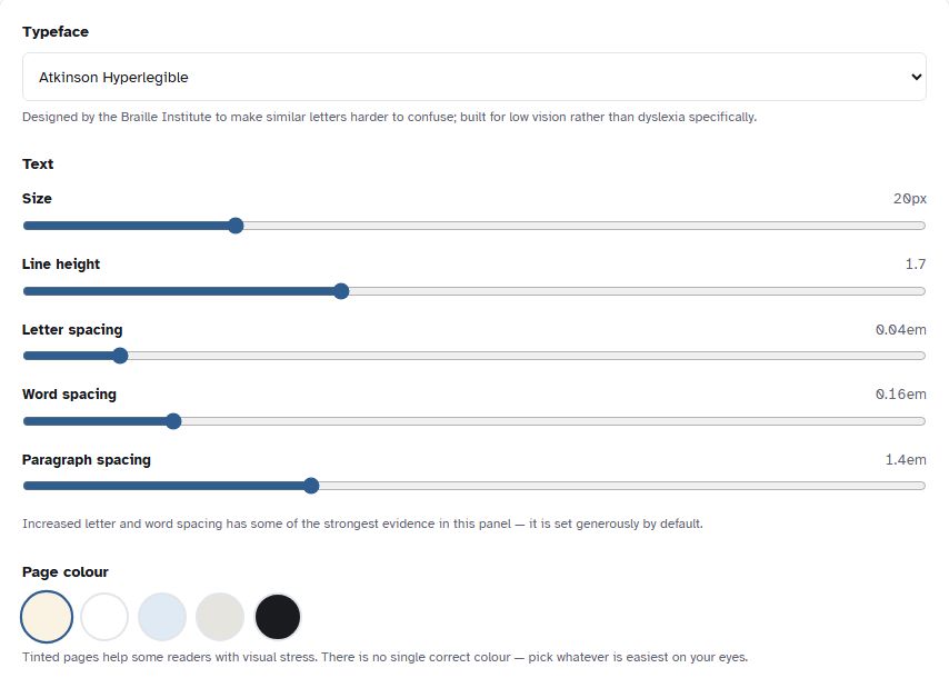 The Reader's settings panel: six typefaces, sliders for text size, line height, letter, word and paragraph spacing, and five page colours, each with a short note on what it helps.